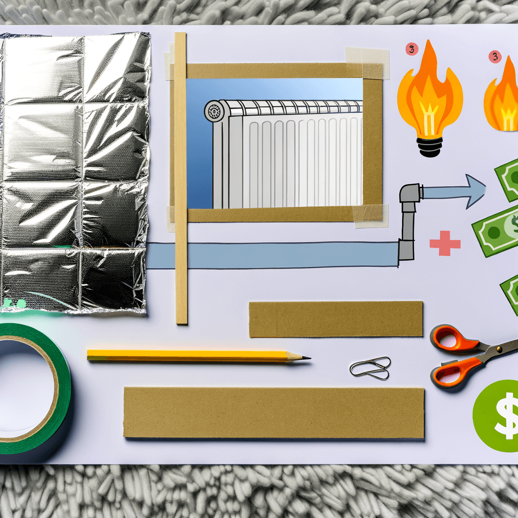 Texto alternativo: "Espejo térmico hecho en casa con papel de aluminio y cartón, colocado detrás de un radiador para reflejar el calor hacia la habitación, ilustrando la técnica presentada en el artículo 'Ahorra en calefacción fabricando tu propio espejo térmico'."