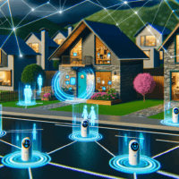 **Texto alternativo para la imagen:** "Un grupo de dispositivos inteligentes interconectados en un hogar moderno, simbolizando la era digital y el concepto de ser buenos vecinos virtuales en comunidades cada vez más colaborativas y eficientes."