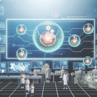 Texto alternativo: "Ilustración que representa el futuro de la fertilidad, destacando la creación de óvulos en laboratorio y la integración de inteligencia artificial en la medicina reproductiva, simbolizando avances innovadores en la ciencia que transforman el tratamiento de la infertilidad."