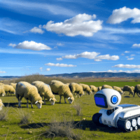 Texto alternativo para imagen: "Un perro-robot autónomo supervisando un rebaño de ovejas en un paisaje agrícola de España, simbolizando la revolución tecnológica en la ganadería."