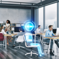 Texto alternativo: "Imagen que ilustra la reducción de la jornada laboral con el apoyo de la inteligencia artificial, mostrando empleados trabajando en un ambiente colaborativo y tecnológico, destacando la importancia de la IA como aliada clave para mejorar la productividad y el bienestar en el trabajo."