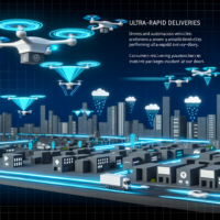 **Texto alternativo para la imagen:** "Una entrega ultrarrápida de Amazon muestra a un repartidor con una caja en la mano, simbolizando el nuevo estándar de compras en línea con entregas en tan solo 10 minutos, en un entorno urbano moderno."