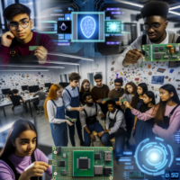 Texto alternativo para la imagen: "Un grupo de jóvenes inventores españoles celebra el premio obtenido por su innovadora Etiqueta Inteligente, una solución tecnológica que optimiza la gestión de productos en sectores como la alimentación y la farmacia."