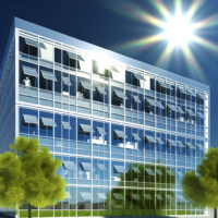 Texto alternativo: "Imagen de un edificio con pintura inteligente, diseñada para reflejar la luz solar y mantener frescos los interiores, demostrando cómo esta tecnología innovadora puede contribuir a la eficiencia energética y al ahorro en costos de aire acondicionado."