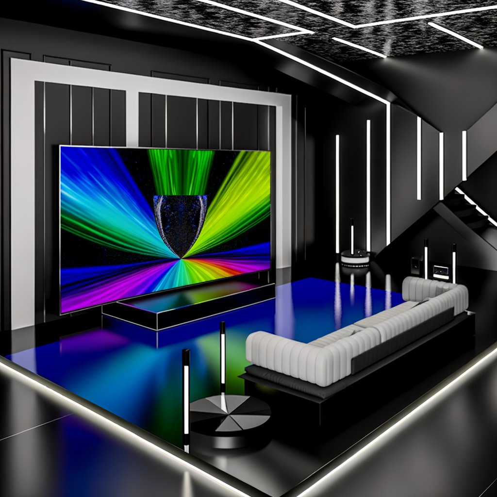 Texto alternativo: "El primer televisor Micro RGB del mundo, destacando su impresionante calidad de imagen y realismo, en un entorno moderno. Esta innovadora tecnología promete transformar la experiencia audiovisual en el hogar."