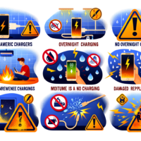 Texto alternativo: "Infografía que muestra los errores comunes al cargar el móvil en casa, como usar cargadores no originales, dejar el dispositivo cargando toda la noche, cargar en ambientes húmedos, usar el móvil mientras se carga y descuidar el cable de carga."